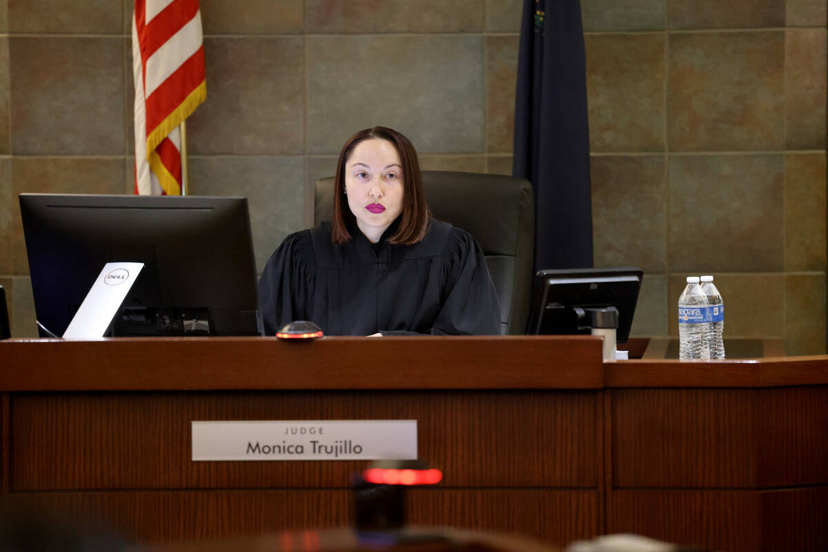 Clark County District Court Judge Monica Trujillo presides in court at the Regional Justice Cen ...