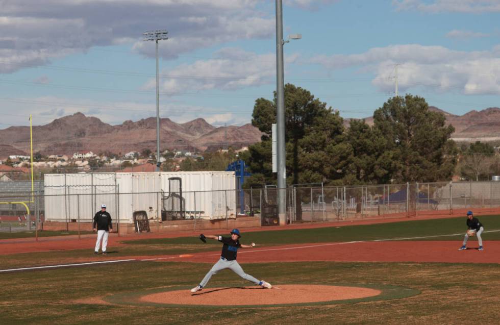 Green Valley's Joseph Steidel (37) pitches to Basic during a baseball game at Basic Academy of ...