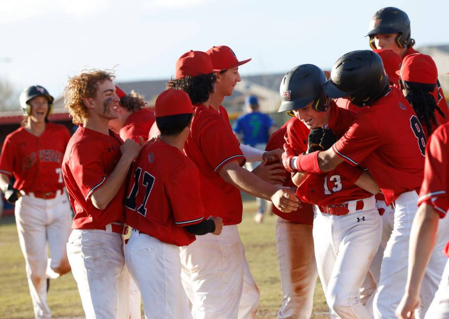 Las Vegas' Gage McGown (13) celebrates their 5-4 victory with his teammates after a baseball ga ...