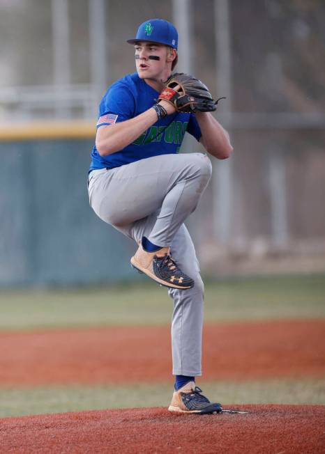 Green Valley's Brady Ballinger (7) delivers during the fifth inning of a baseball game, Thursda ...