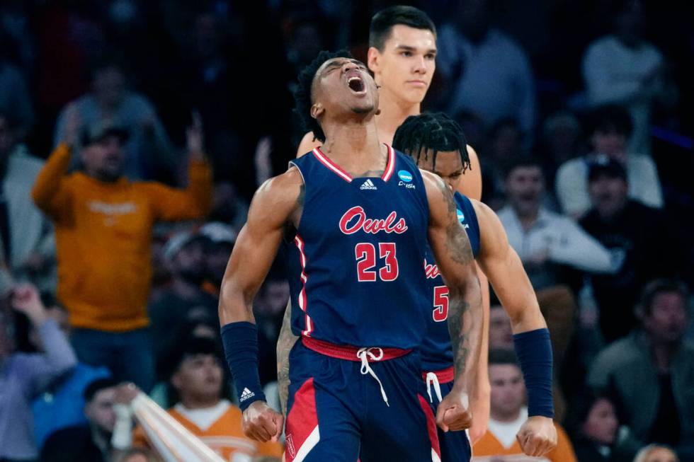 Florida Atlantic guard Brandon Weatherspoon reacts after a play during the second half of a Swe ...