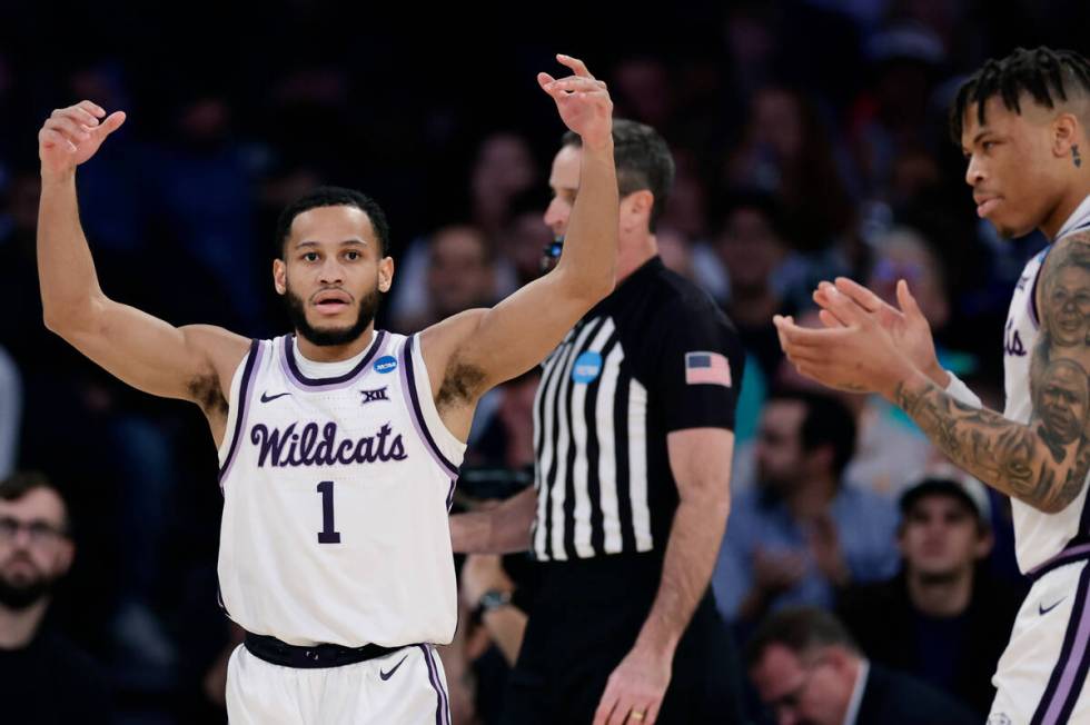 Kansas State guard Markquis Nowell (1) reacts after a play in the first half of a Sweet 16 coll ...