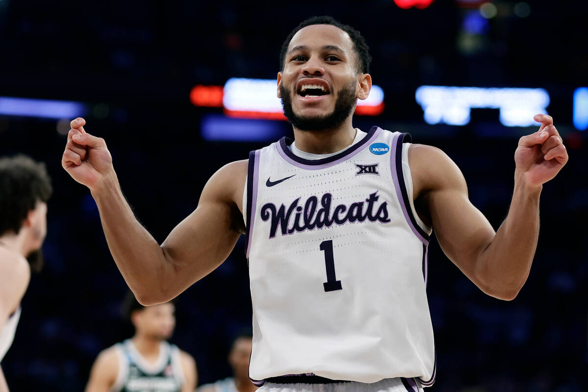 Kansas State guard Markquis Nowell reacts after a play in the second half of a Sweet 16 college ...