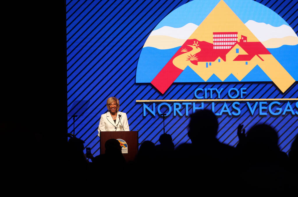 North Las Vegas Mayor Pamela Goynes-Brown reacts as people applaud at the conclusion of the ann ...