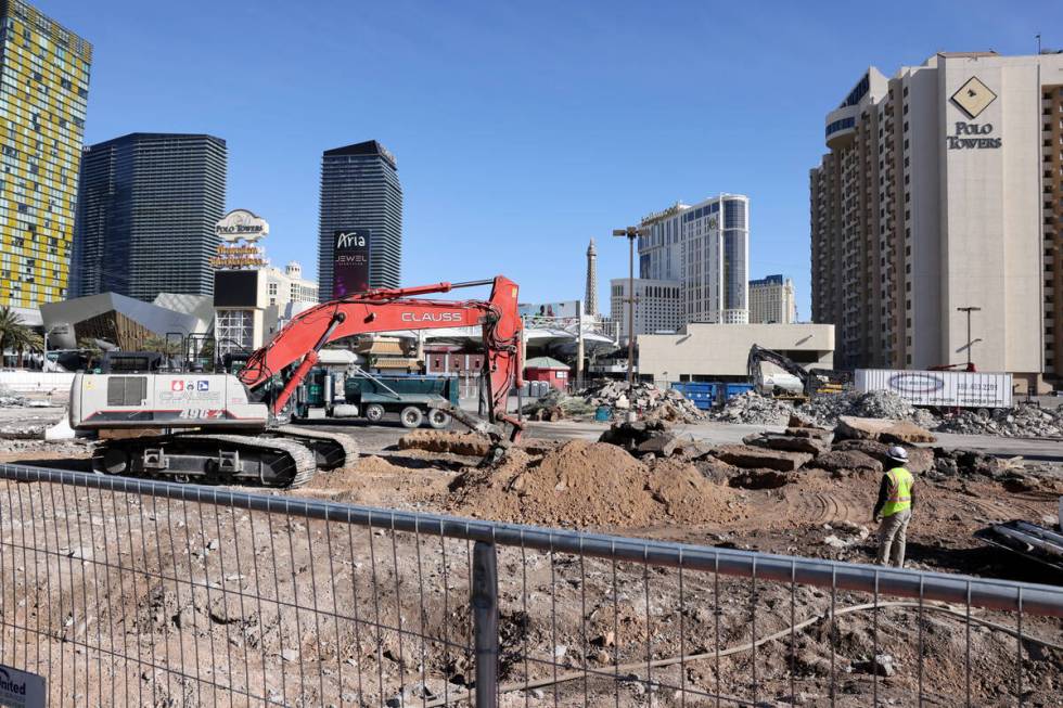 Crews clear the remains of buildings at 3755 Las Vegas Blvd. South on the Strip in Las Vegas Mo ...