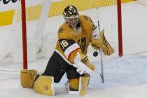 Golden Knights goaltender Logan Thompson (36) makes a save against St. Louis Blues during the s ...