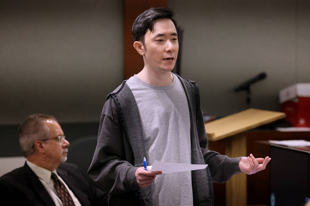 Chan Park right, makes his closing argument to the jury while representing himself in his murde ...