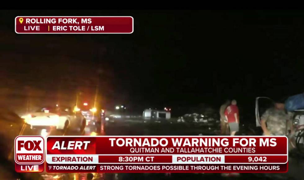 This screen grab from video broadcast by Fox Weather shows the immediate aftermath of severe we ...