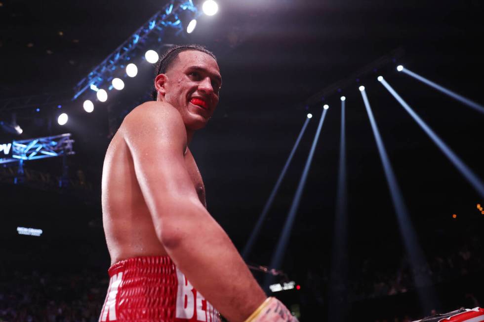 David Benavidez stands on the corner of the ring after his unanimous decision victory against C ...