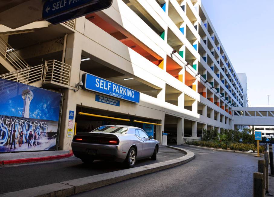 A car enters a parking garage at The Strat, on Monday, March 27, 2023, in Las Vegas. (Bizuayehu ...