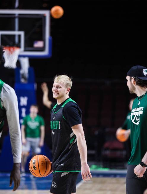 Utah Valley Wolverines player Trey Woodbury dribbles during practice at the Orleans Arena in La ...