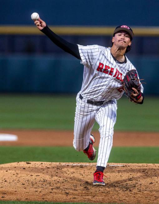 UNLV pitcher Noah Carabajal (12) throws another ball to an Arizona State player during the fift ...