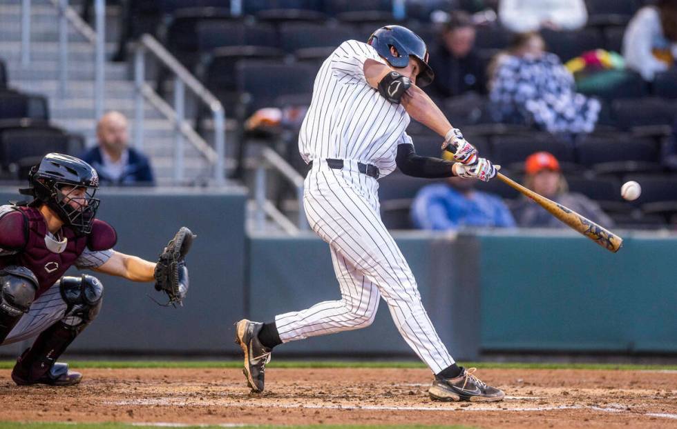 UNLV outfielder Rylan Charles (25) connects on a shot during the third inning against Arizona S ...