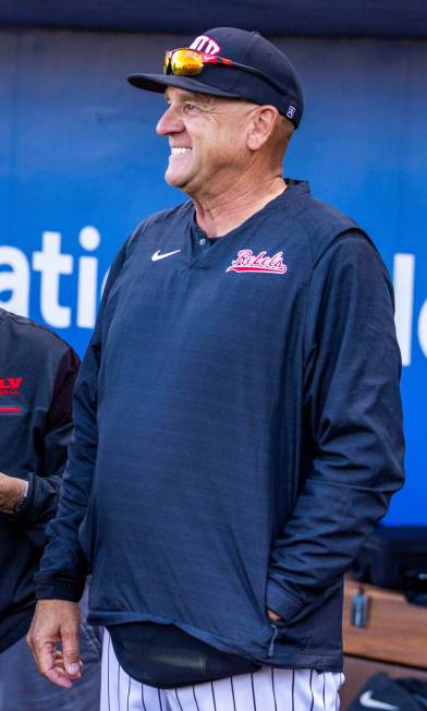 UNLV head coach Stan Stolte in the dugout before facing Arizona State during the first inning o ...