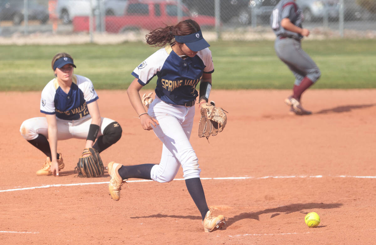Spring Valley's Aubreyana Sanchez (3) chases after the ball during a softball game at Cimarron- ...