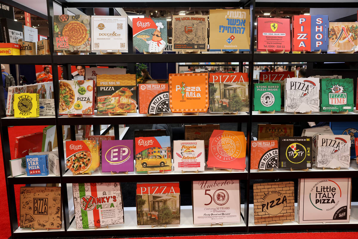 Pizza boxes on display at the Ankutsan Packaging booth at the International Pizza Expo at the L ...