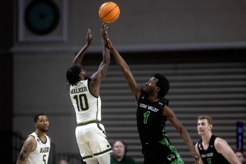 UAB Blazers guard Jordan Walker (10) shoots a three-pointer against Utah Valley Wolverines guar ...