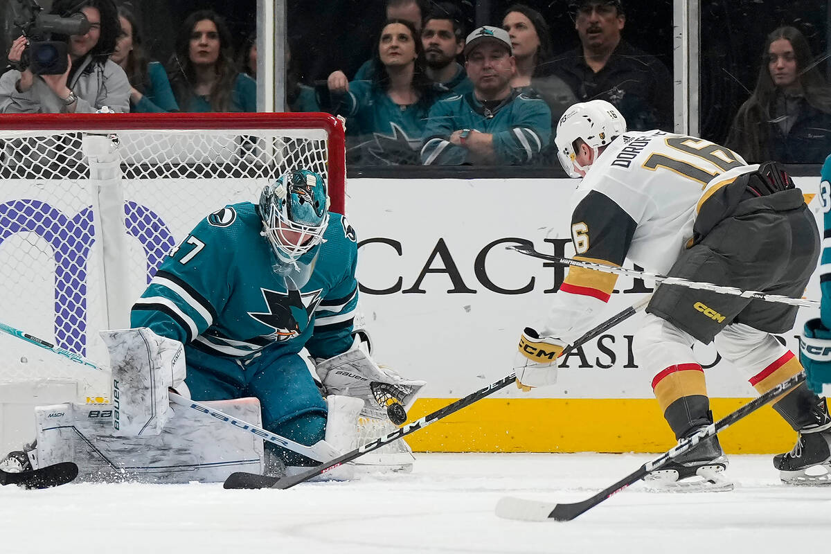 San Jose Sharks goaltender James Reimer (47) blocks a shot by Vegas Golden Knights left wing Pa ...