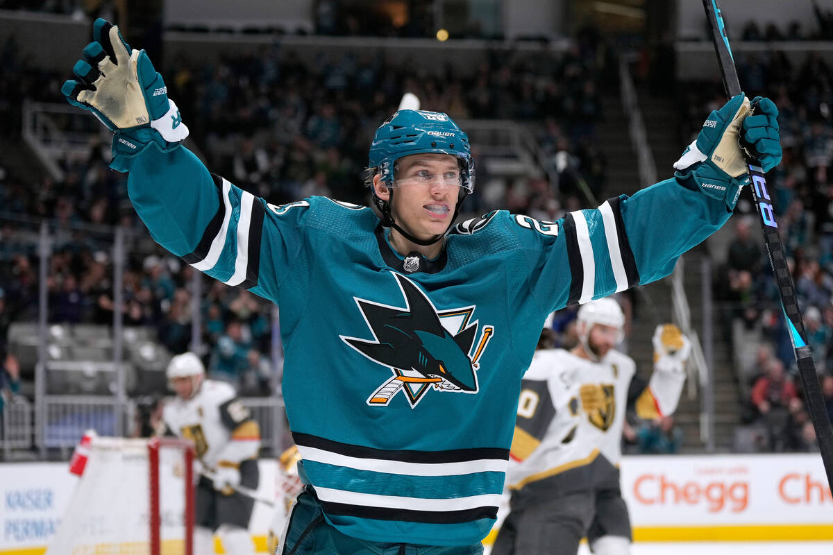 San Jose Sharks left wing Oskar Lindblom celebrates after scoring a goal against the Vegas Gold ...