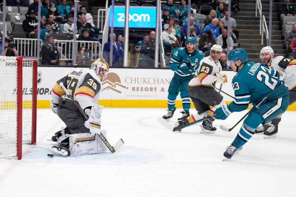 San Jose Sharks left wing Oskar Lindblom (23) scores a goal past Vegas Golden Knights goaltende ...