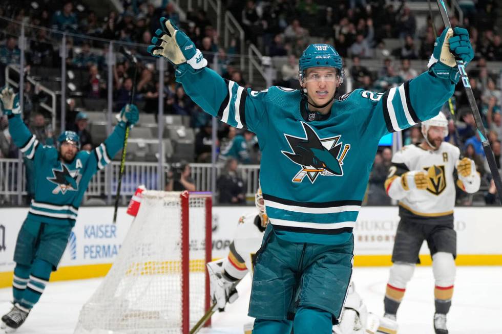 San Jose Sharks left wing Oskar Lindblom (23) celebrates after scoring a goal against the Vegas ...