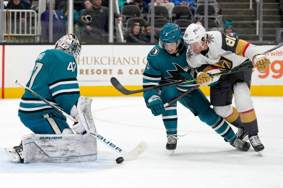 San Jose Sharks goaltender James Reimer (47) blocks a shot by Vegas Golden Knights right wing J ...