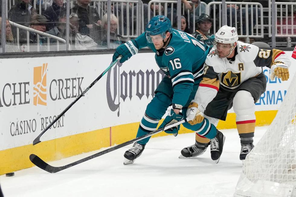 San Jose Sharks center Steven Lorentz (16) and Vegas Golden Knights defenseman Alec Martinez (2 ...