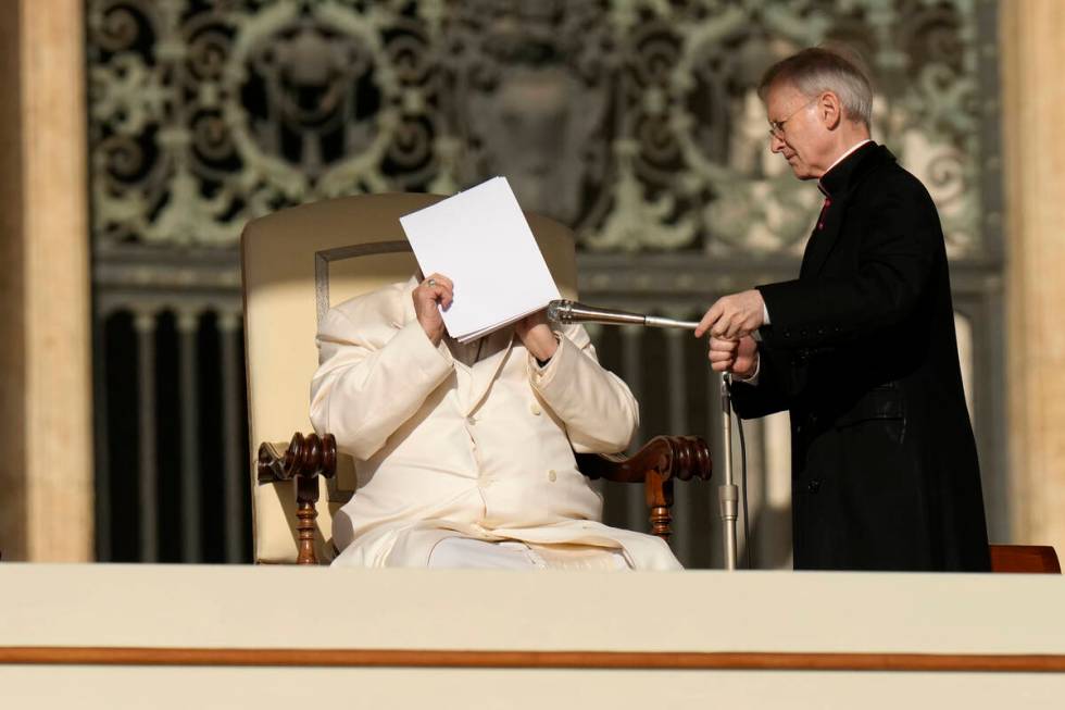 Pope Francis holds his weekly general audience in St. Peter's Square, at the Vatican, Wednesday ...