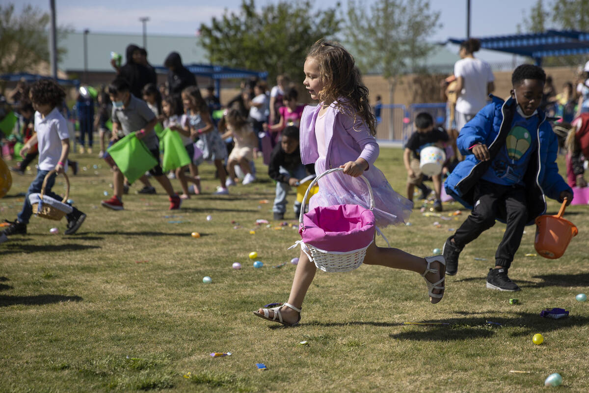 Penelope Gonzales, 6, participates during the Hoppy Egg Run community event at the Walnut Recre ...