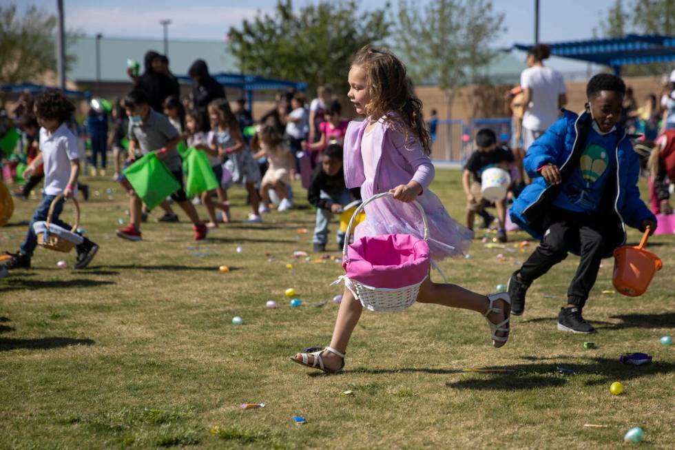 Penelope Gonzales, 6, participates during the Hoppy Egg Run community event at the Walnut Recre ...