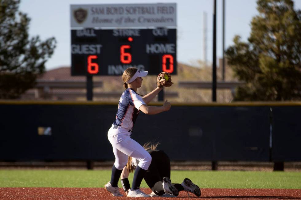 Coronado’s Mayra-Luz Gomez (1) attempts to out Faith Lutheran’s Kate Whipple (8) ...