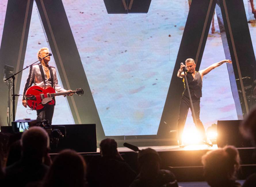 Martin Gore, left, and Dave Gahan of Depeche Mode perform at T-Mobile Arena on Thursday, March ...