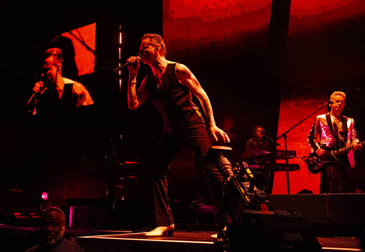 Dave Gahan, left, and Martin Gore, right, of Depeche Mode perform at T-Mobile Arena on Thursday ...