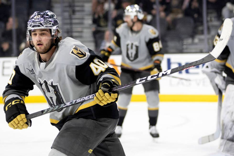 Henderson Silver Knights defenseman Lukas Cormier watches the puck during an AHL hockey game ag ...