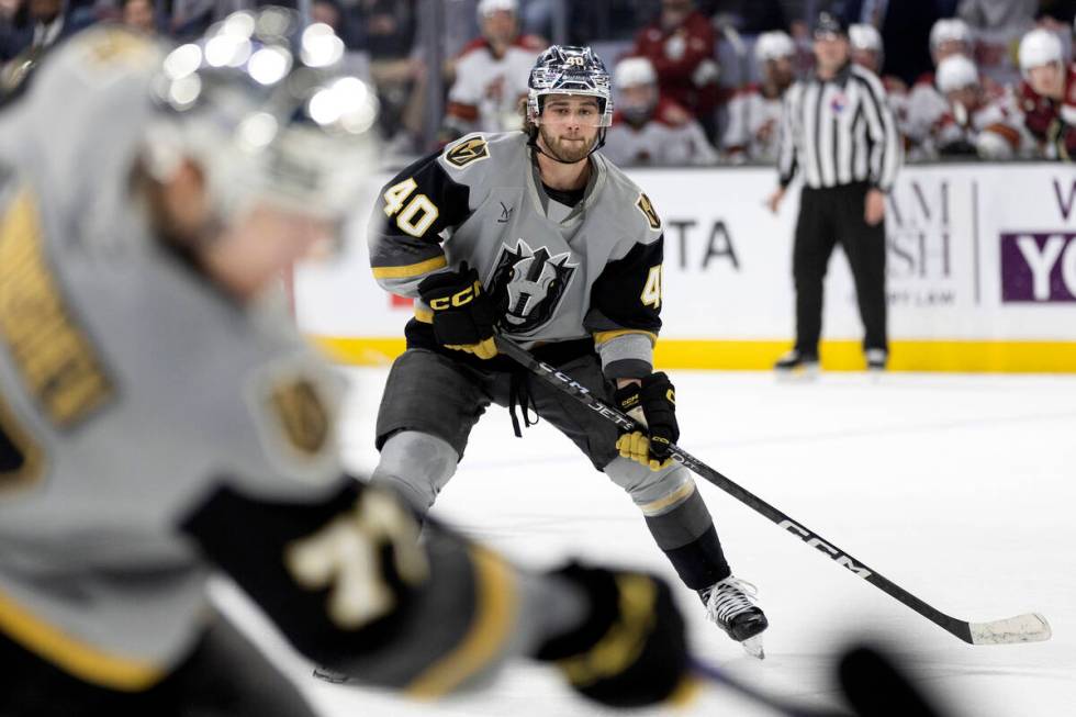 Henderson Silver Knights defenseman Lukas Cormier watches the face-off during an AHL hockey gam ...