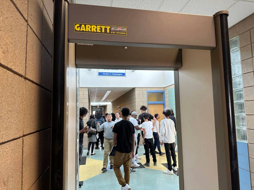 A metal detector at Peterson Academic Center in Las Vegas Friday, March 3, 2023. Upon arrival a ...