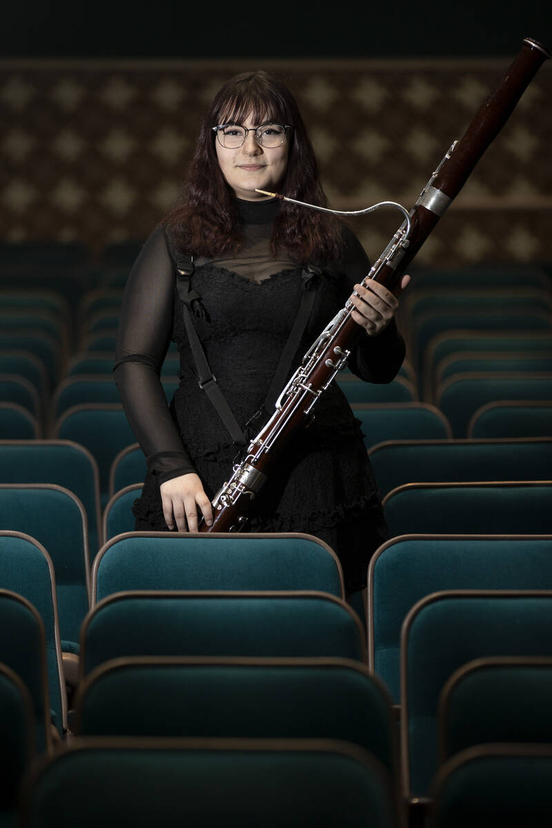 Cassandra Valenti poses with her bassoon at the Las Vegas Academy of the Arts Performing Arts C ...