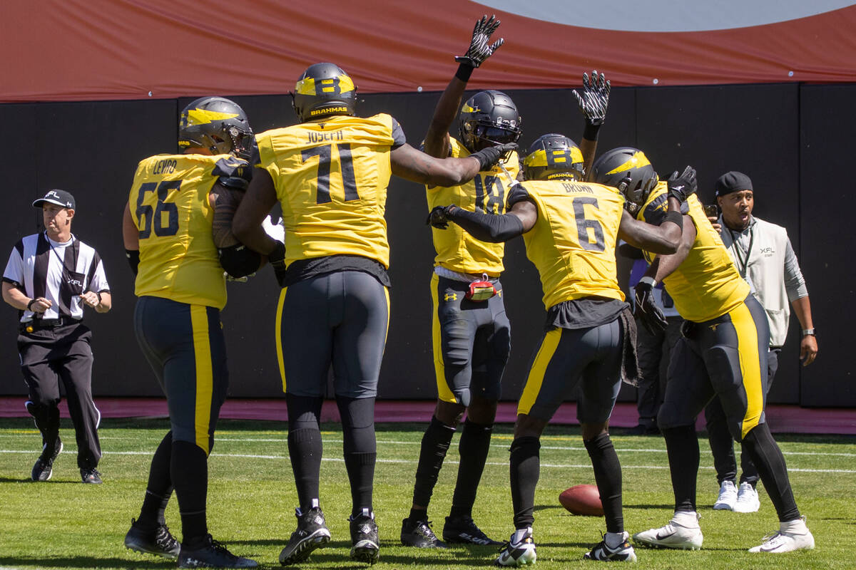 San Antonio Brahmas celebrate a touchdown score by San Antonio Brahmas wide receiver TJ Vasher ...