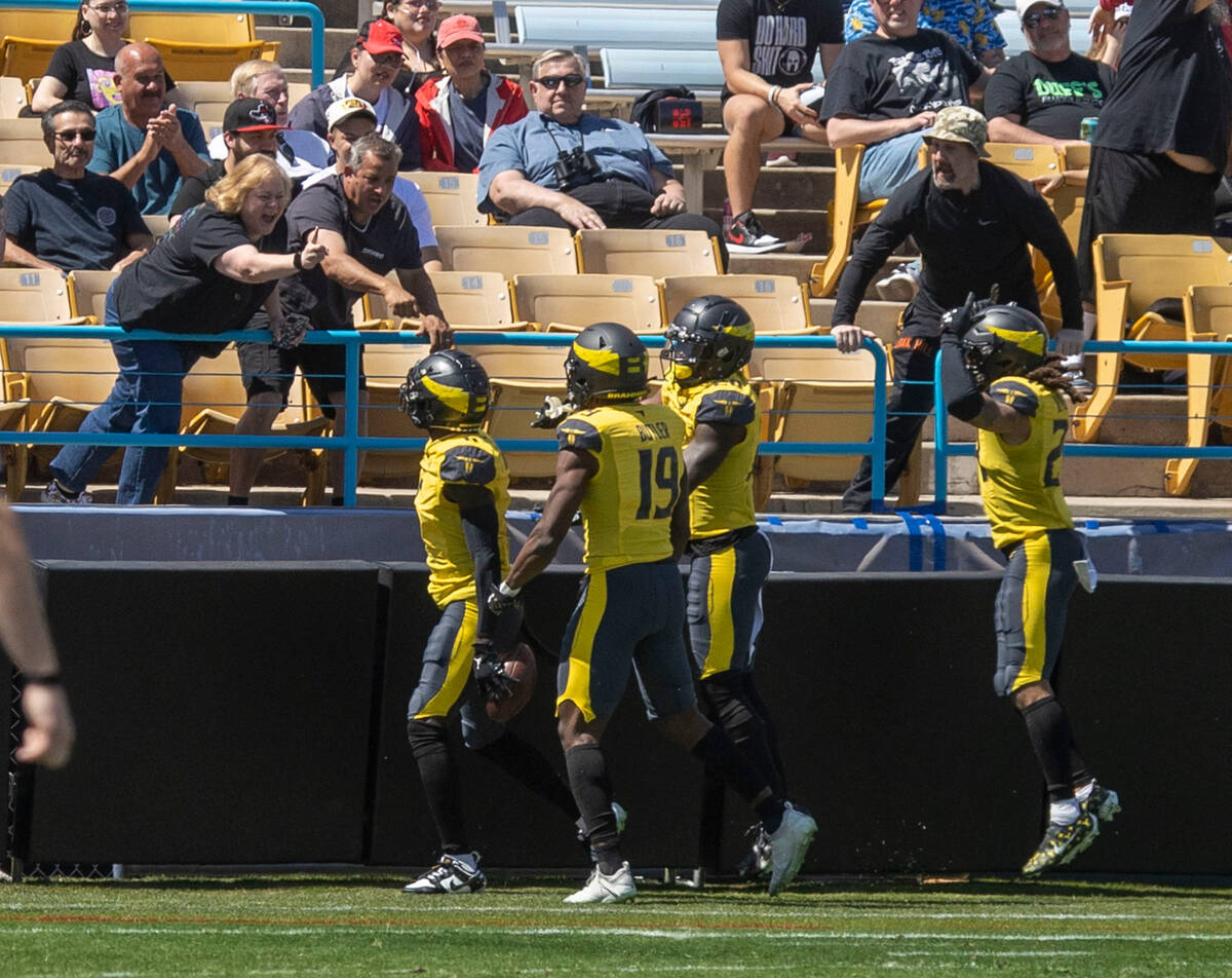 San Antonio Brahmas wide receiver Fred Brown (6) celebrates his touchdown with fans during the ...