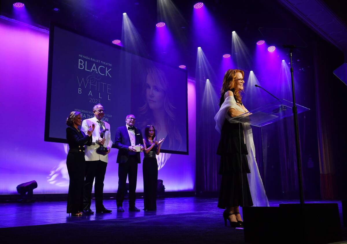 Actress Lea Thompson (R) speaks during Nevada Ballet Theatre's 2023 Woman of The Year honoring ...