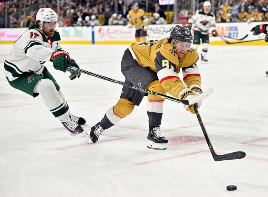 Vegas Golden Knights right wing Jonathan Marchessault (81) chases the puck against Minnesota Wi ...