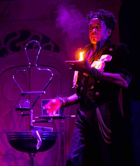 Magician Mondre performs in the The Seance Room at Lost Spirits Distillery on Sunday, April 2, ...