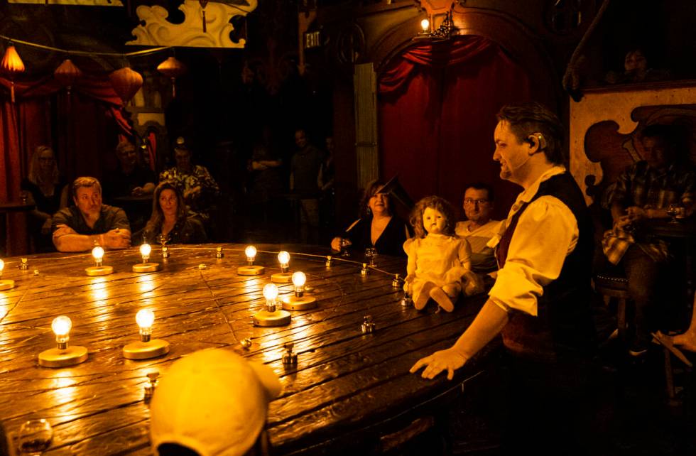 William Bradshaw, right, performs during the The Seance Room at Lost Spirits Distillery on Sund ...