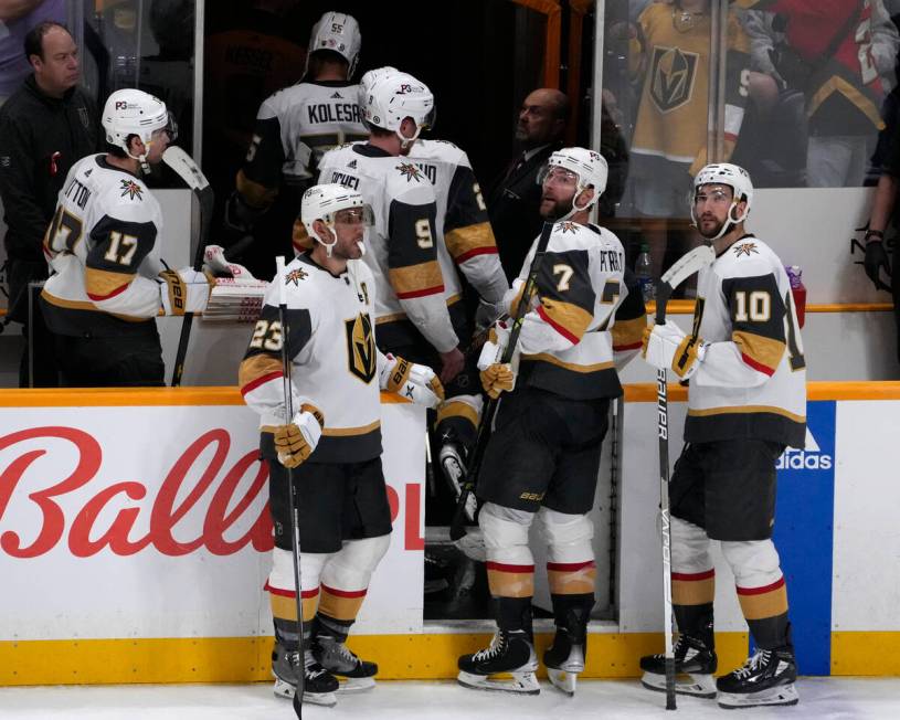 Vegas Golden Knights defenseman Alec Martinez (23), defenseman Alex Pietrangelo (7) and center ...