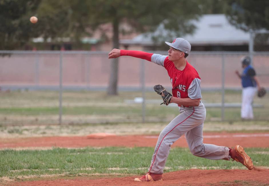 Doral Academy's Tristan Lett (8) pitches to Desert Pines during a baseball game at Desert Pines ...