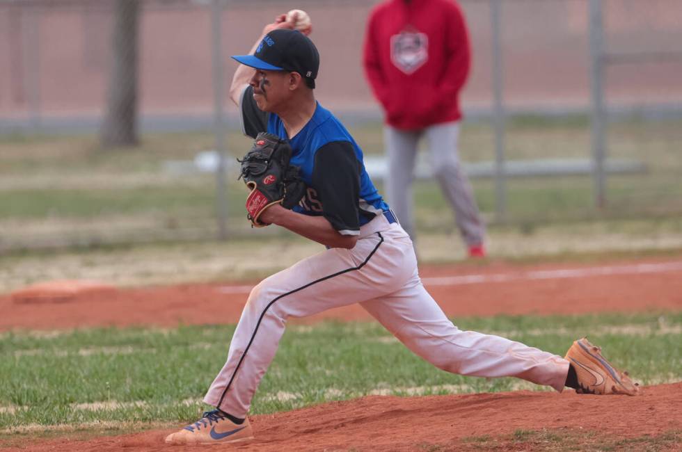 Desert Pines' Jose Zamora pitches to Doral Academy during a baseball game at Desert Pines High ...