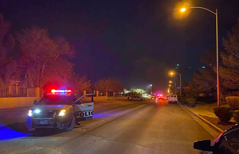 Las Vegas police investigate a homicide on the 600 block of East Hammer Lane on Saturday, April ...