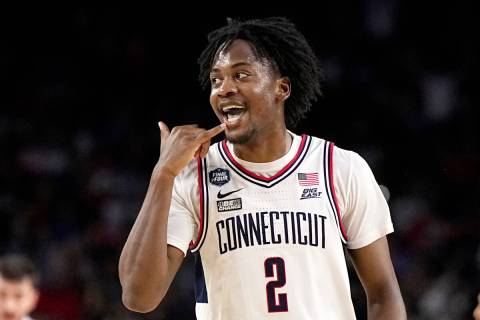 Connecticut guard Tristen Newton celebrates after scoring against San Diego State during the fi ...