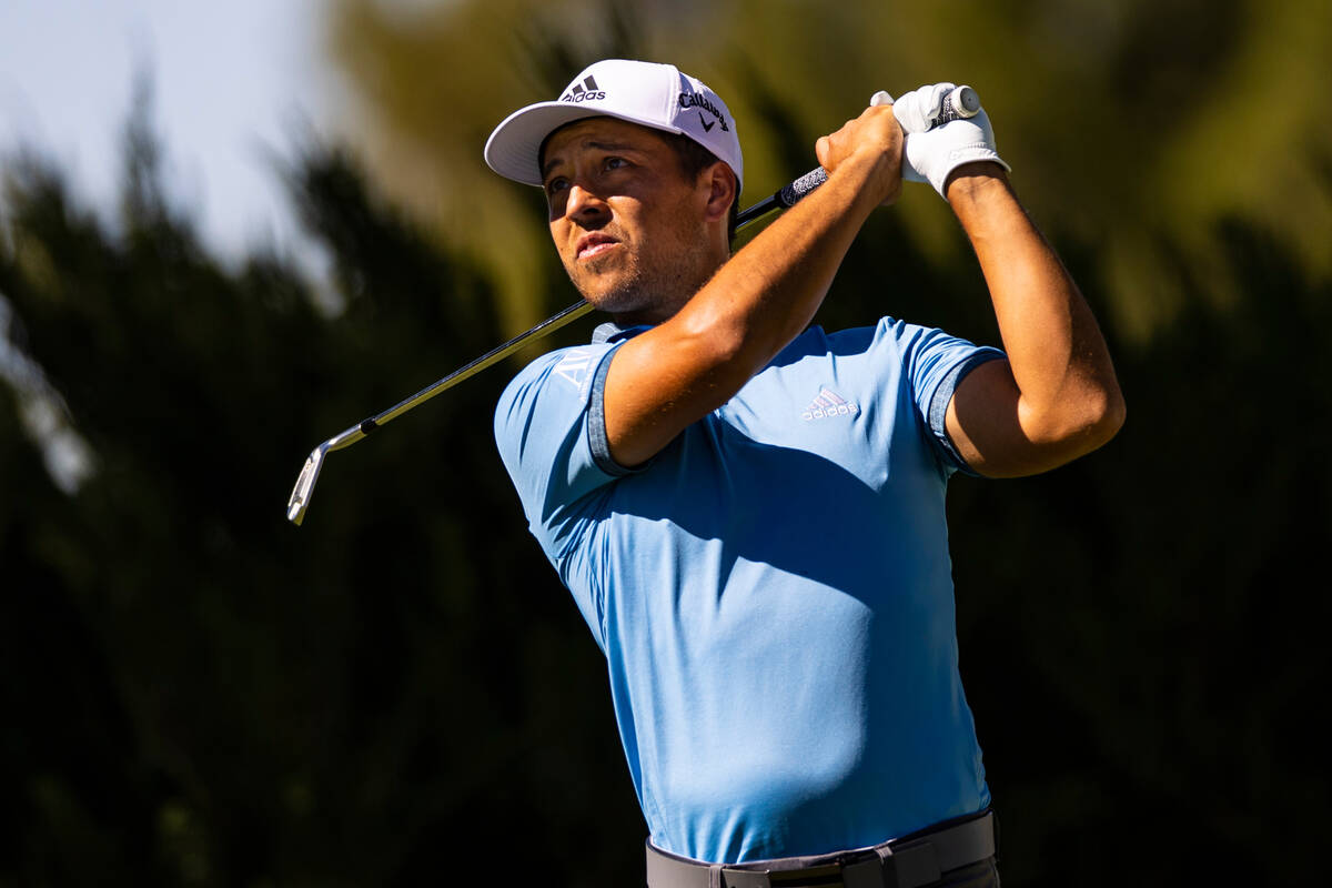 Xander Schauffele tees off at the fifth hole during the third round of the CJ Cup at the Shadow ...