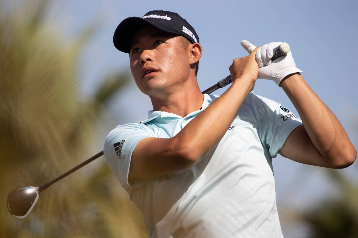 Collin Morikawa hits the ball from the 12th tee box during the final round of the CJ Cup golf t ...
